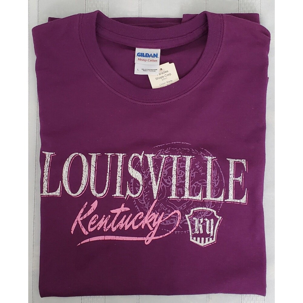 Louisville KY T-Shirt Plum Purple, White Pink Logo Tee Unisex, NWT Size L Gildan